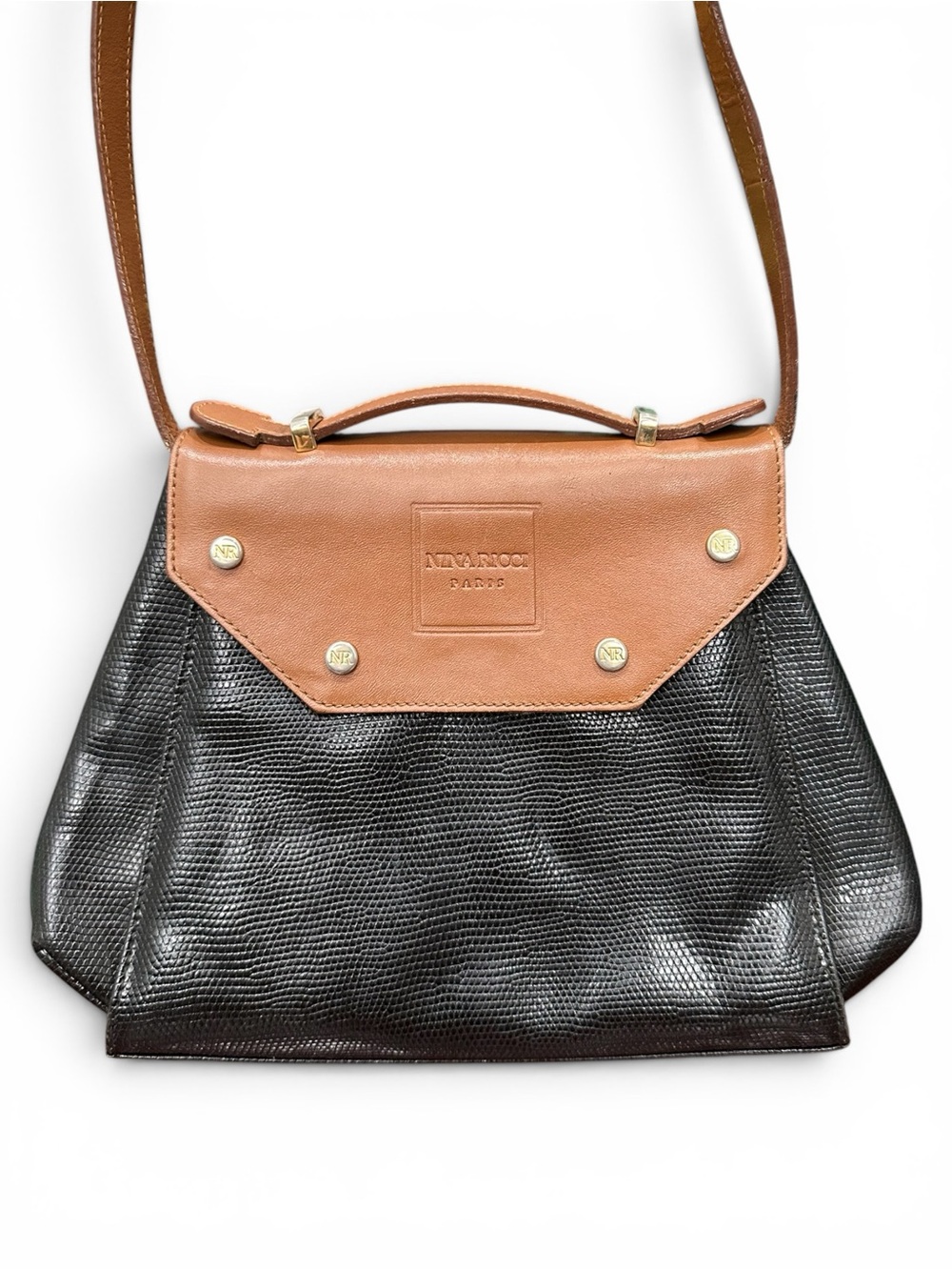 Vintage Nina Ricci Paris Lizard-Embossed Leather Shoulder Bag Black and Cognac